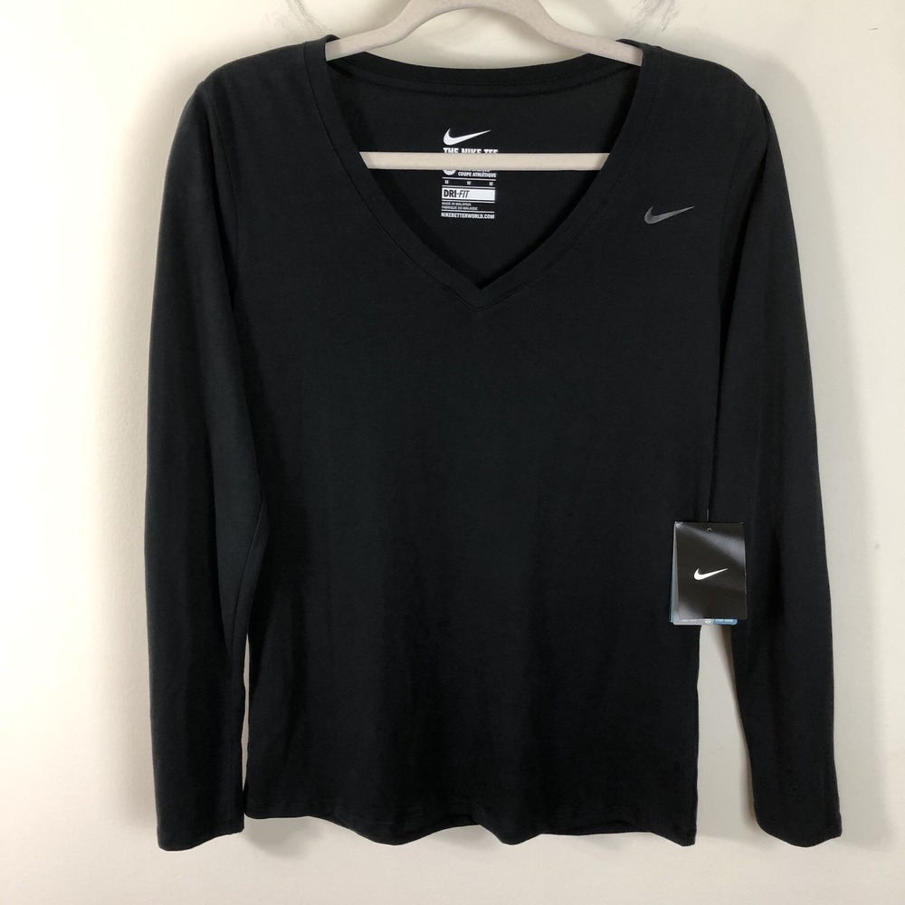 Nike Dri-Fit Long Sleeve V-Neck Athletic Running Shirt Women's M Black Top